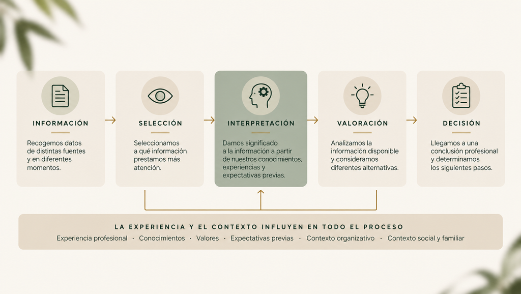 Esquema de cinco etapas de la toma de decisiones profesionales: información, selección, interpretación, valoración y decisión, con factores que influyen en el proceso.